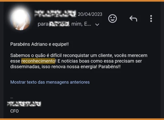 Parabéns, Adriano e equipe! Sabemos o quão é difícil reconquistar um cliente, vocês merecem esse reconhecimento. E notícias boas como essa precisam ser disseminadas, isso renova nossa energia!
