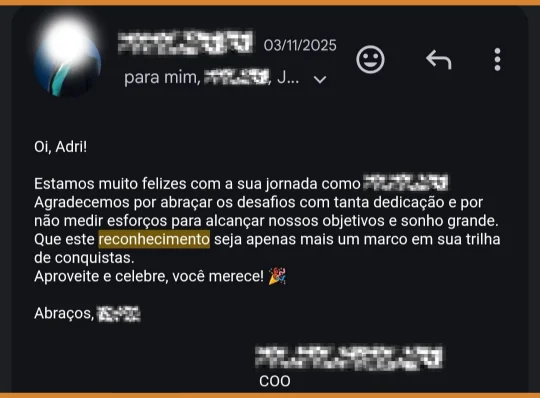 Agradecemos por abraçar os desafios com tanta dedicação e por não medir esforços para alcançar nossos objetivos. Que este reconhecimento seja apenas mais um marco em sua trilha de conquistas.